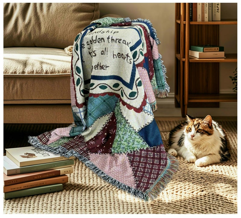 EZ.enjoy Patchwork Friendship Woven Tapestry Throw Blanket Wall Hanging Art Handicrafts Jacquard Multipurpose Soft Travel Mat Outdoor with Fringe Tassels 50 X 60 Inches - Image 4