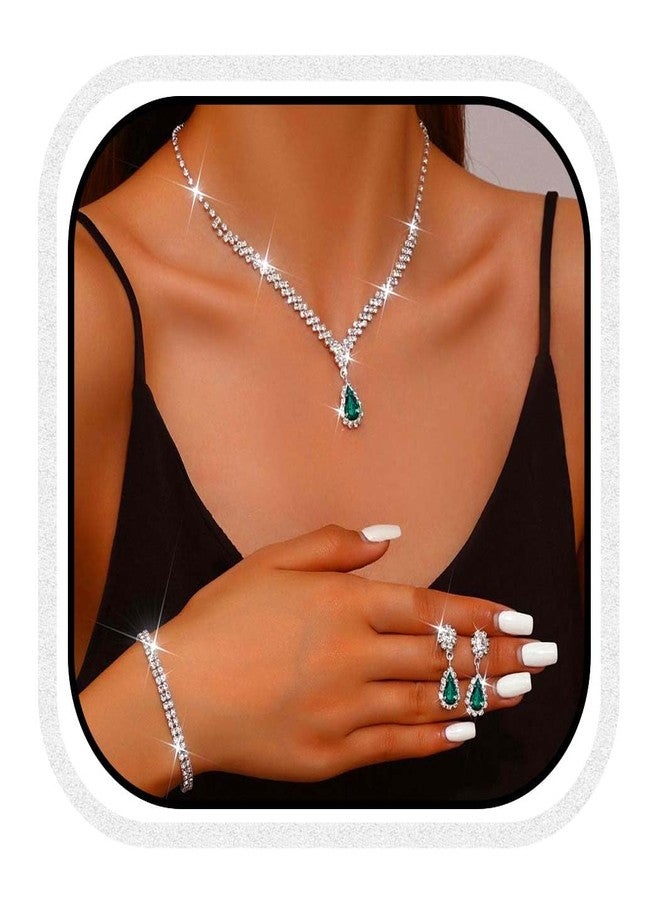 CLOACE Rhinestone Wedding Jewelry Set Silver Sparkly Earrings Bracelet Prom Necklace Jewelry Accessories for Women and Brides (Green) - Image 1