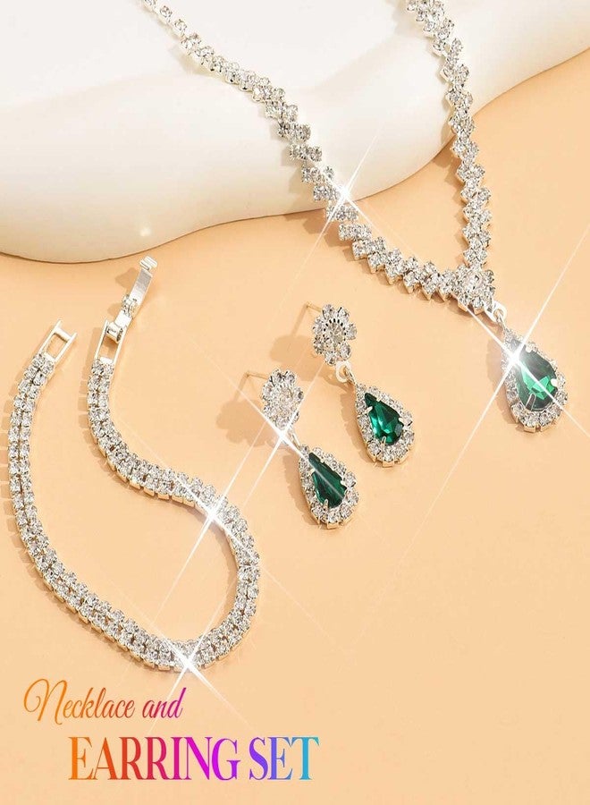 CLOACE Rhinestone Wedding Jewelry Set Silver Sparkly Earrings Bracelet Prom Necklace Jewelry Accessories for Women and Brides (Green) - Image 2