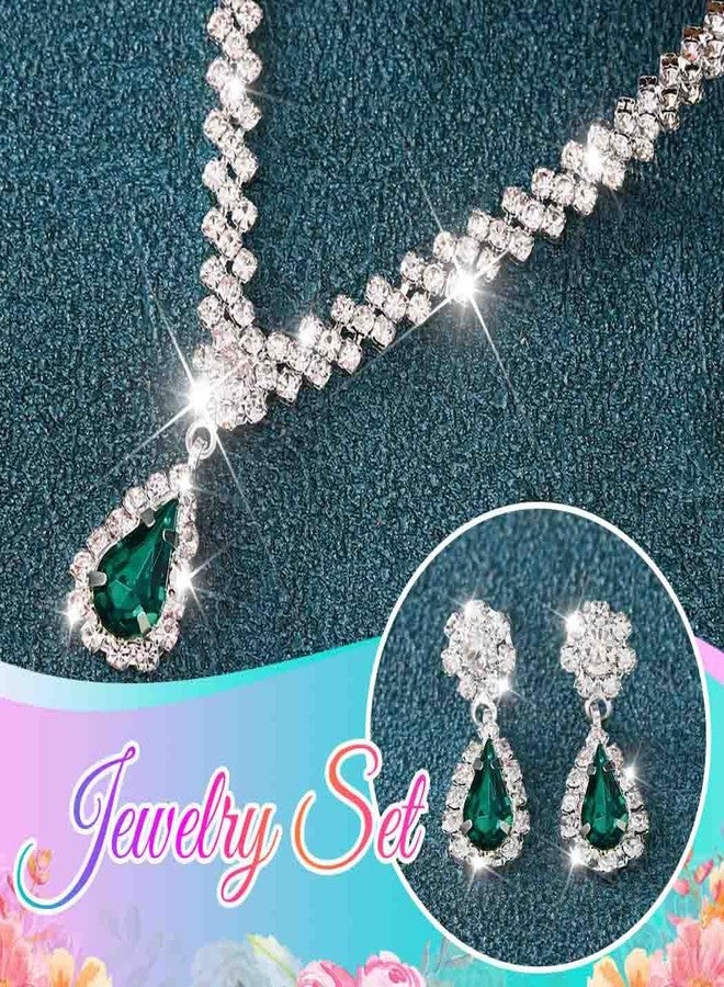 CLOACE Rhinestone Wedding Jewelry Set Silver Sparkly Earrings Bracelet Prom Necklace Jewelry Accessories for Women and Brides (Green) - Image 5