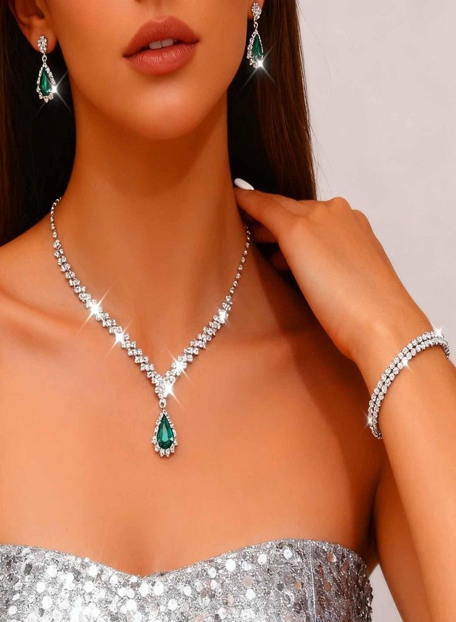 CLOACE Rhinestone Wedding Jewelry Set Silver Sparkly Earrings Bracelet Prom Necklace Jewelry Accessories for Women and Brides (Green) - Image 4