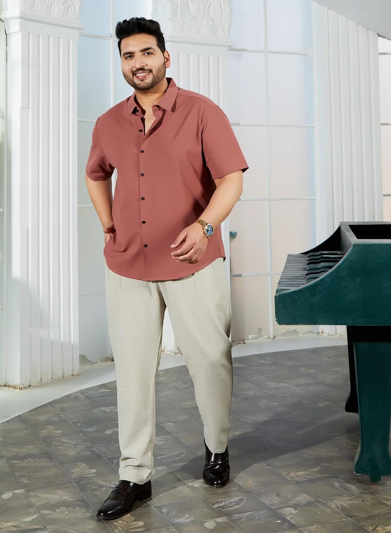 Instafab Plus  Instafab Plus Men's Sienna Brown Seamless Ribbed Shirt For Casual Wear | Spread Collar | Short Cuffed Sleeves | Button Closure | Plus Size Shirt Crafted With Comfort Fit For Everyday Wear for Men | Best Price UAE