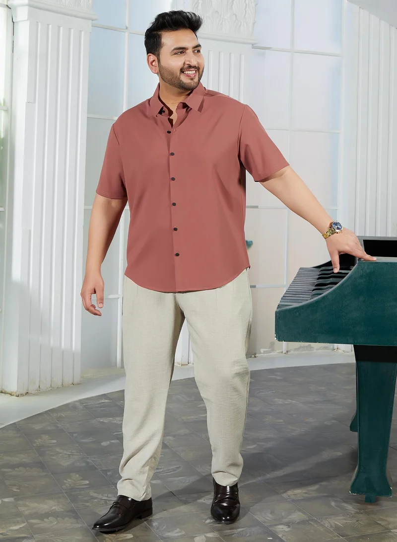 Instafab Plus  Instafab Plus Men's Sienna Brown Seamless Ribbed Shirt For Casual Wear | Spread Collar | Short Cuffed Sleeves | Button Closure | Plus Size Shirt Crafted With Comfort Fit For Everyday Wear for Men | Best Price UAE