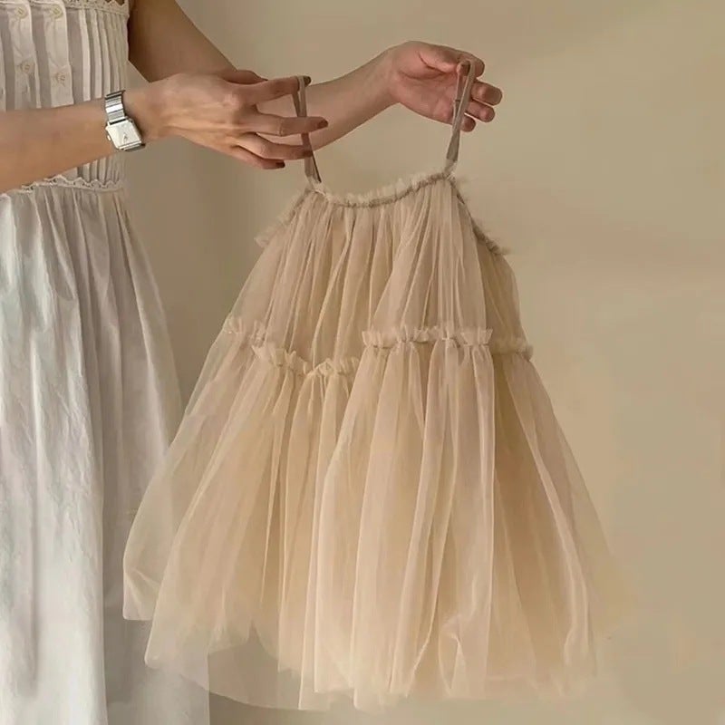 2024 Summer New Girls Internet Trendy Dress for Baby Girls Stylish Design High-grade Mesh Slip Dress Champagne Slip Dress