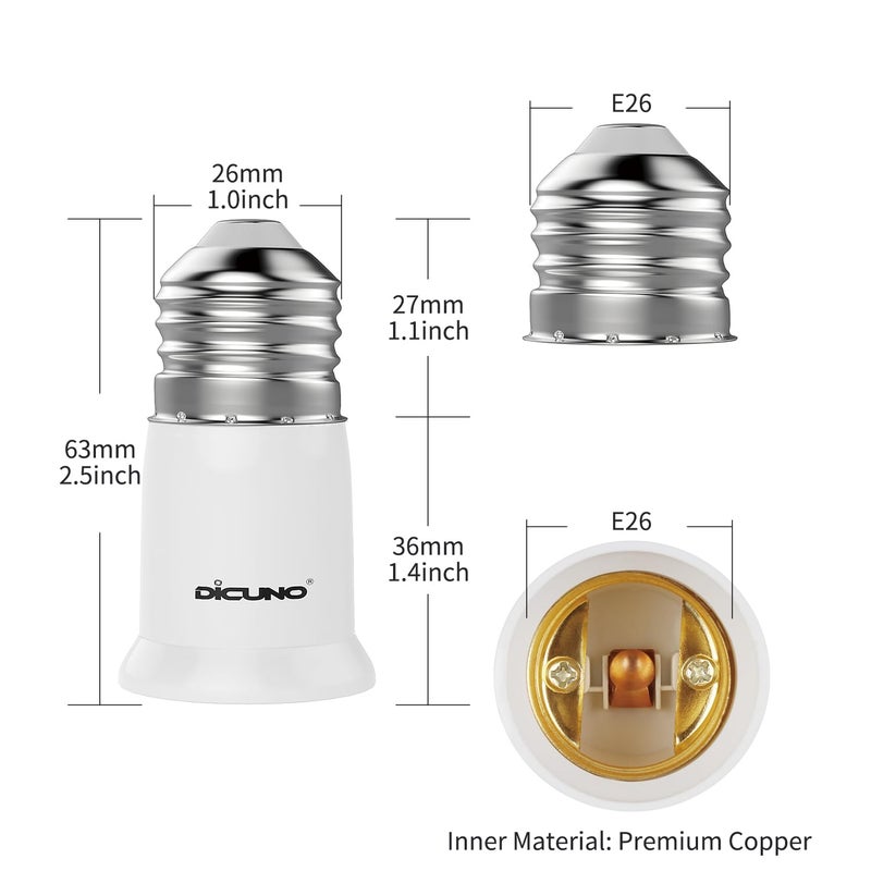 DiCUNO E26 to E26 Socket Extender-3CM/1.18 Inch Extension, 165℃ Heat-Resistant No Fire Hazard, Standard Medium E26 Light Bulb Socket Extension 6-Pack - Image 2