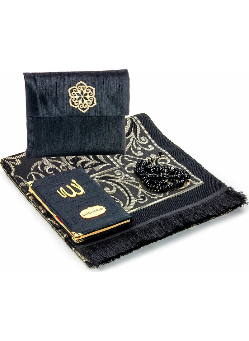 İhvan Ihvan Prayer Rug, Prayer Beads and Pouch with Name-Specific Shanthuk Covered Yasin Book Black