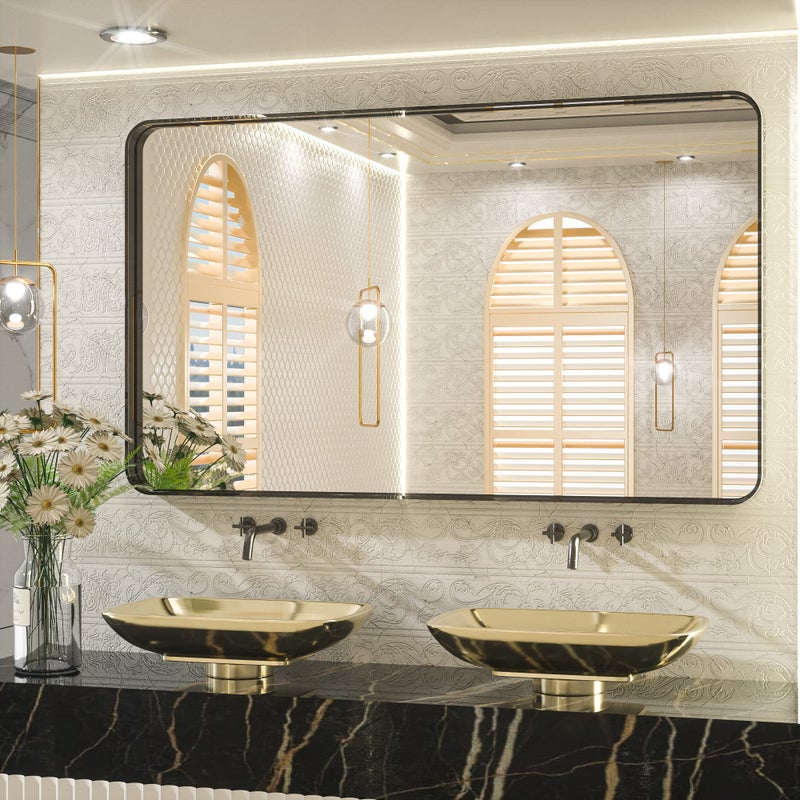 TETOTE 48 x 30 Inch Bathroom Mirror Matte Black Modern Metal Frame Rectangle Wall Mounted Vanity Mirror HorizontalVertical