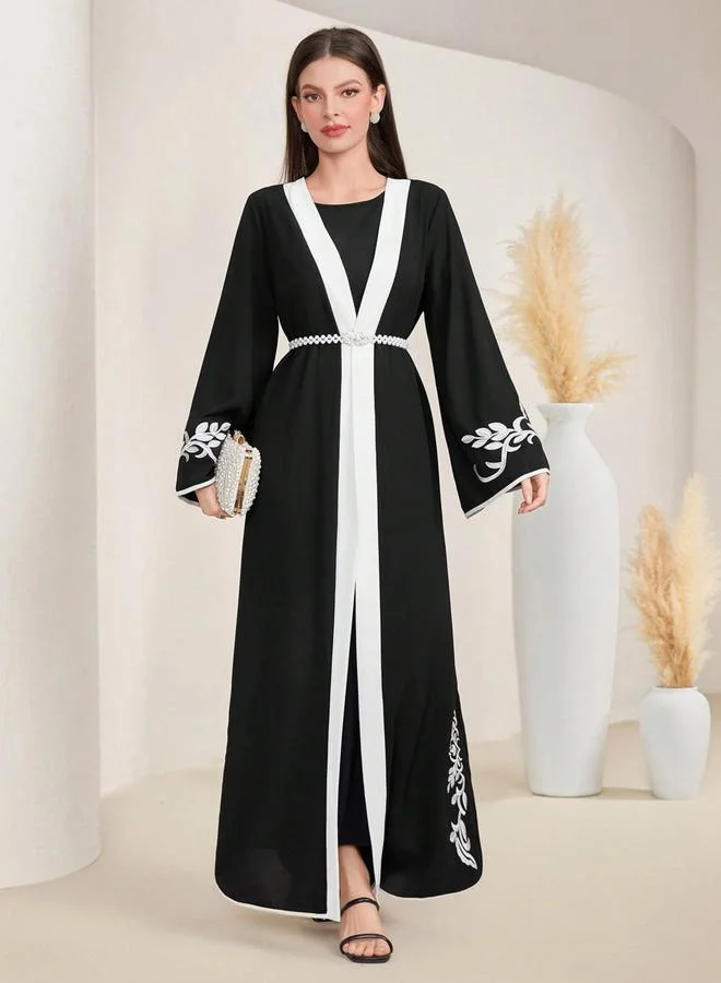 Take Two Black Contrast Trims Embroidered Open Front Abaya