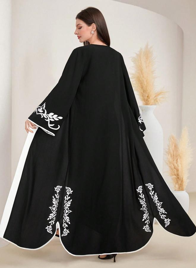 Take Two Black Contrast Trims Embroidered Open Front Abaya - Image 3