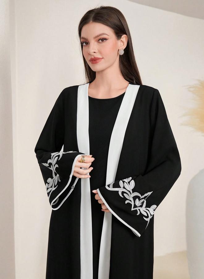 Take Two Black Contrast Trims Embroidered Open Front Abaya - Image 5
