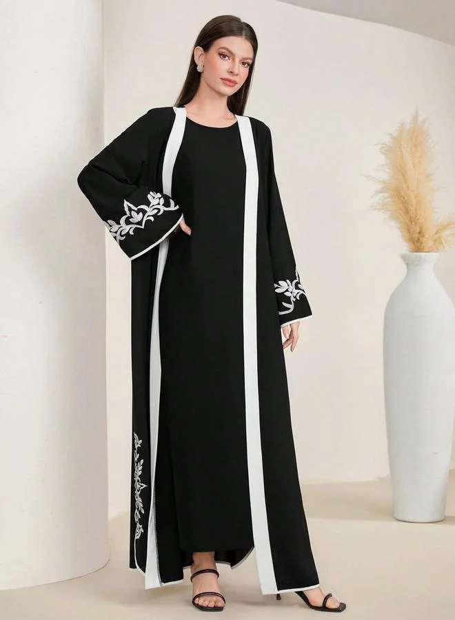 Take Two Black Contrast Trims Embroidered Open Front Abaya