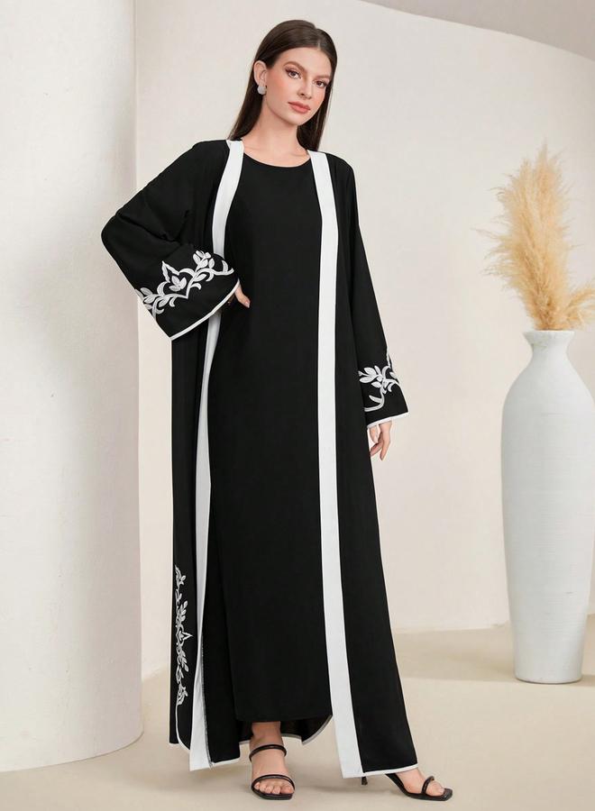 Take Two Black Contrast Trims Embroidered Open Front Abaya - Image 2