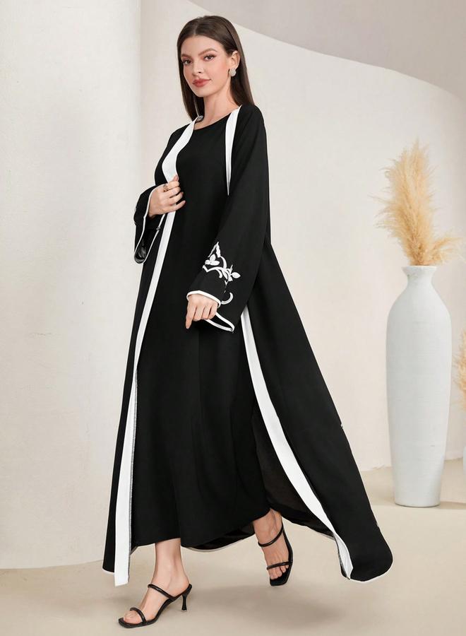 Take Two Black Contrast Trims Embroidered Open Front Abaya - Image 4