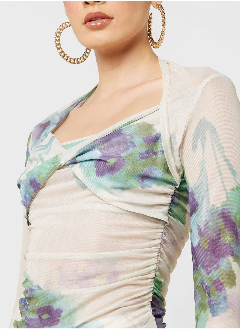 جينجر Mesh Floral Print Ruched Long Sleeves Top