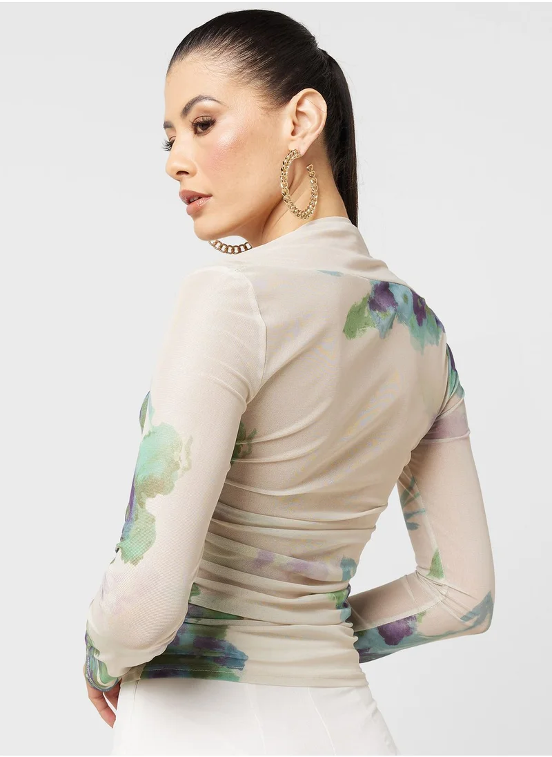 جينجر Mesh Floral Print Ruched Long Sleeves Top