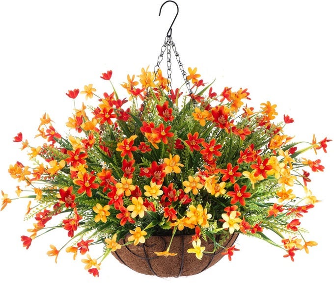 Artificial Fall Flowers with Hanging Basket for Outdoor Decoration Faux Violets Silk Flower UV Resistant Fake Flowers Plants for Porch Patio Garden Balcony Outside Summer Autumn Decor Orange