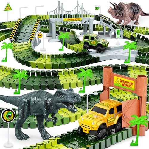 Hony Dinosaur Tracks 271 PCS Create A Dinosaur World Road Race for Kids Boys Toys Flexible Train Tracks Set with 2 Cool Race Cars and 2 Dinosaur Toys for Age 3 4 5 6 7 8 Year  Up Old Boy Girls Best Gift - Image 1