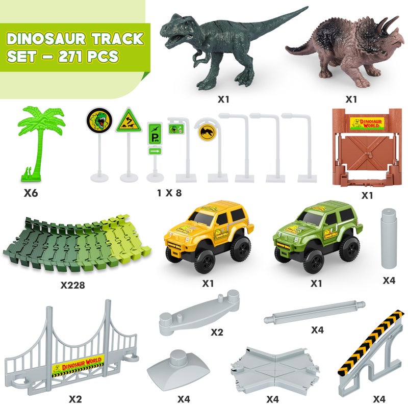 Hony Dinosaur Tracks 271 PCS Create A Dinosaur World Road Race for Kids Boys Toys Flexible Train Tracks Set with 2 Cool Race Cars and 2 Dinosaur Toys for Age 3 4 5 6 7 8 Year  Up Old Boy Girls Best Gift - Image 3
