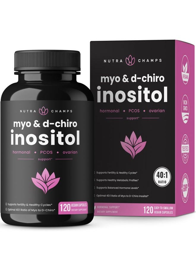 NutraChamps - مكمل Myo-Inositol &amp; D-Chiro Inositol [نسبة 40: 1] مسحوق B8 معزز بالفيتكس وحمض الفوليك | دعم المبيض ومتلازمة تكيس المبايض + الخصوبة وتوازن الهرمونات للنساء والرجال | 120 كبسولة نباتية - Image 1