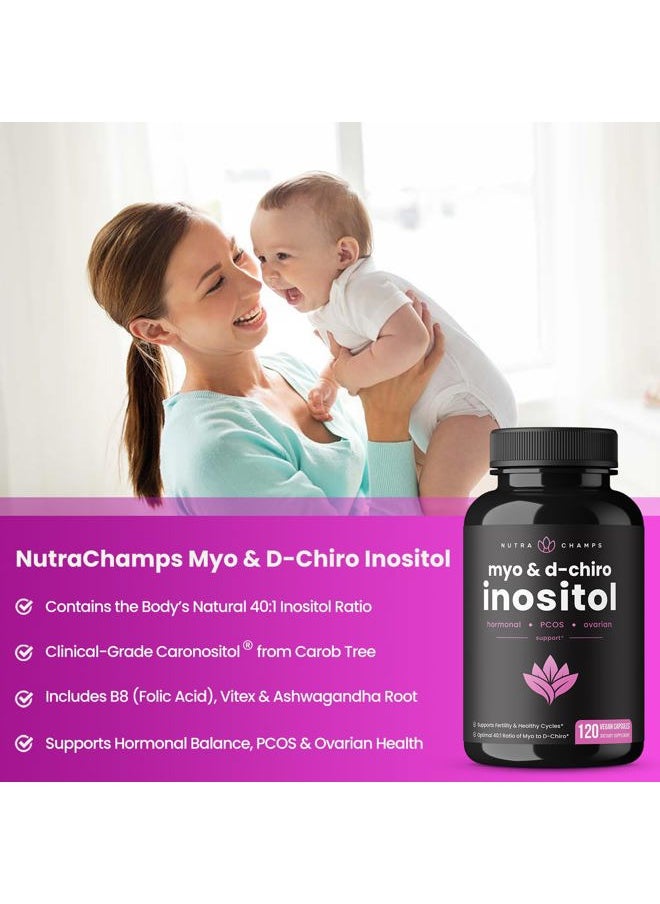 NutraChamps - مكمل Myo-Inositol &amp; D-Chiro Inositol [نسبة 40: 1] مسحوق B8 معزز بالفيتكس وحمض الفوليك | دعم المبيض ومتلازمة تكيس المبايض + الخصوبة وتوازن الهرمونات للنساء والرجال | 120 كبسولة نباتية - Image 1