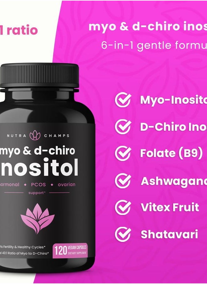 NutraChamps - مكمل Myo-Inositol &amp; D-Chiro Inositol [نسبة 40: 1] مسحوق B8 معزز بالفيتكس وحمض الفوليك | دعم المبيض ومتلازمة تكيس المبايض + الخصوبة وتوازن الهرمونات للنساء والرجال | 120 كبسولة نباتية - Image 1