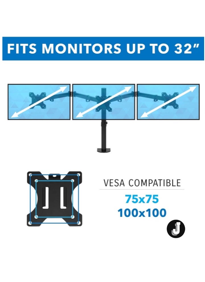 JAJEEK "Triple Monitor Desk Mount – 3 Screen Stand with Clamp & Grommet Base, Fits 24", 27", 32" Displays, Universal VESA 75x75 & 100x100" - Image 4