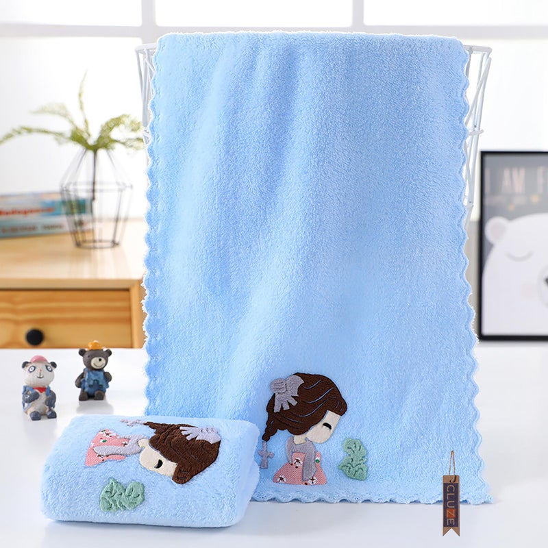 CLUZE Microfiber Wash Towels Quick Absorbent Soft Coral Fleece Kids Handkerchief- Face Towel for Girls Cute Doll Embroidered Hanky, Baby Shower Gift (35x75 cm) (Sky) - Image 5