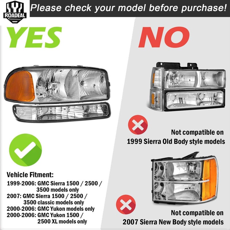 ROADEAL Headlights W/Bulbs for 1999-2007 GMC Sierra, for 2000-2006 GMC Yukon Halogen Headlamp Replacement Driver & Passenger Side - Image 2