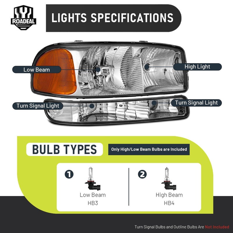 ROADEAL Headlights W/Bulbs for 1999-2007 GMC Sierra, for 2000-2006 GMC Yukon Halogen Headlamp Replacement Driver & Passenger Side - Image 4