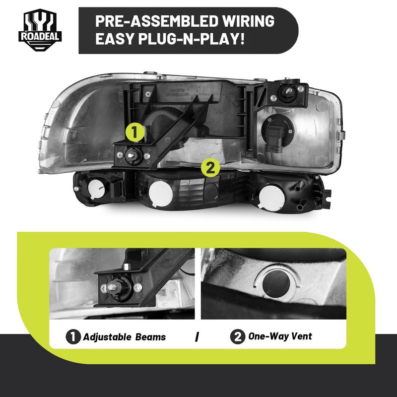 ROADEAL Headlights W/Bulbs for 1999-2007 GMC Sierra, for 2000-2006 GMC Yukon Halogen Headlamp Replacement Driver & Passenger Side - Image 5