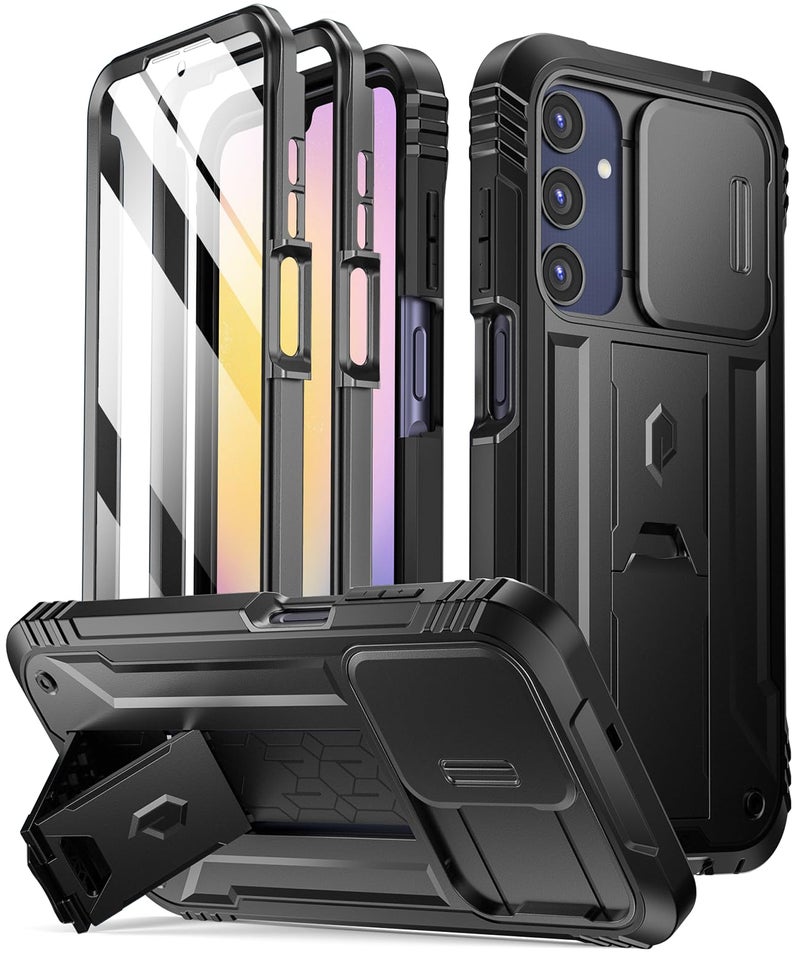 Poetic Revolution Case for Samsung Galaxy A25 5G,[Slide Camera Cover],[20FT Mil-Grade Drop Tested], Full-Body Military Grade Rugged Shockproof Cover with Kickstand and Built-in-Screen Protector, Black - Image 1