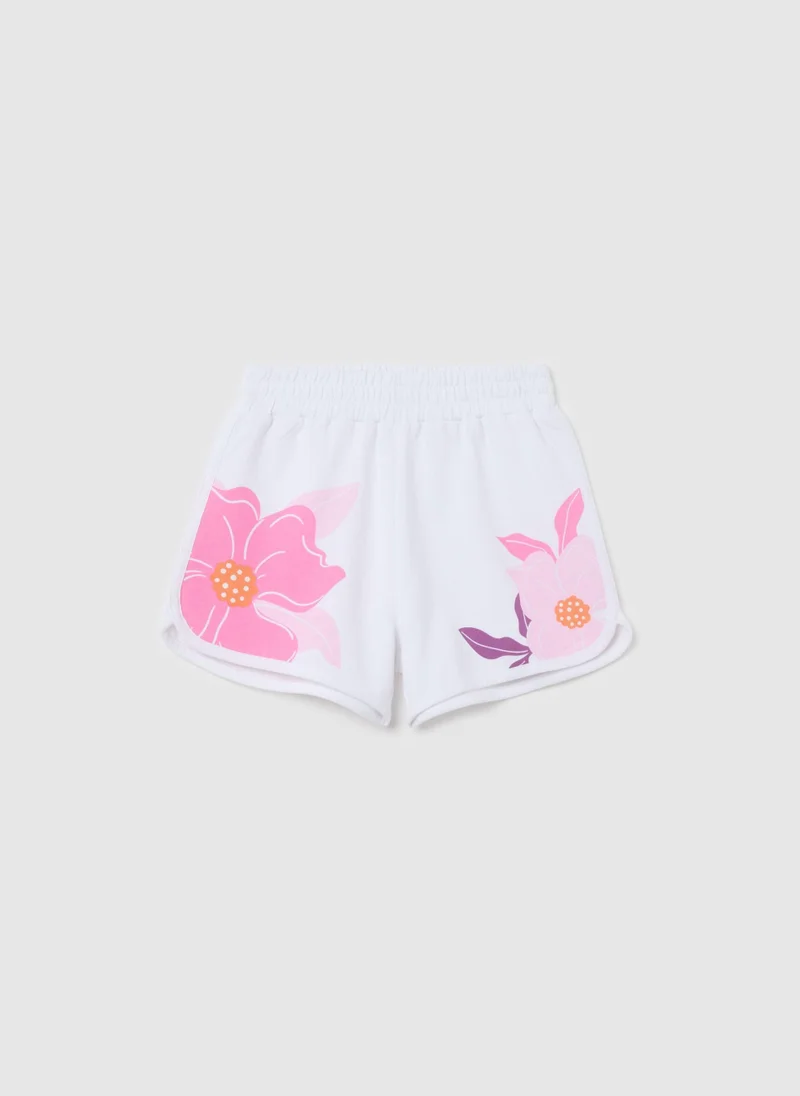 او في اس White Cotton Shorts With Pink Flowers