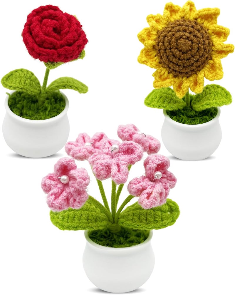 Jusen 3pcs Crochet Flowers Cute Potted Flower,Mini Flower Bouquet for Mom Wife, Cute Desk Decor for Women,Artificial Handmade Flowers for Car Dashboard,Home Office Decoration (Color#4) - Image 1