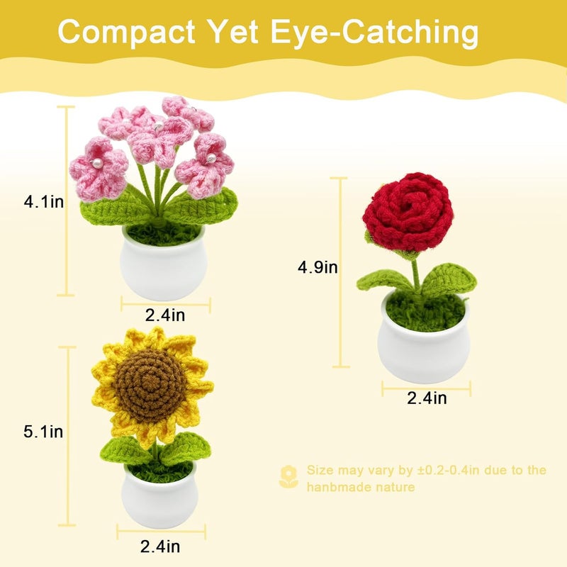 Jusen 3pcs Crochet Flowers Cute Potted Flower,Mini Flower Bouquet for Mom Wife, Cute Desk Decor for Women,Artificial Handmade Flowers for Car Dashboard,Home Office Decoration (Color#4) - Image 3
