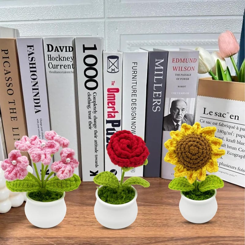 Jusen 3pcs Crochet Flowers Cute Potted Flower,Mini Flower Bouquet for Mom Wife, Cute Desk Decor for Women,Artificial Handmade Flowers for Car Dashboard,Home Office Decoration (Color#4) - Image 5