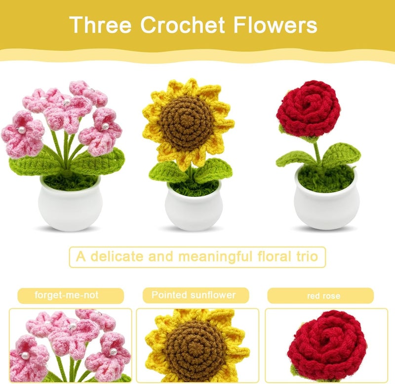 Jusen 3pcs Crochet Flowers Cute Potted Flower,Mini Flower Bouquet for Mom Wife, Cute Desk Decor for Women,Artificial Handmade Flowers for Car Dashboard,Home Office Decoration (Color#4) - Image 2