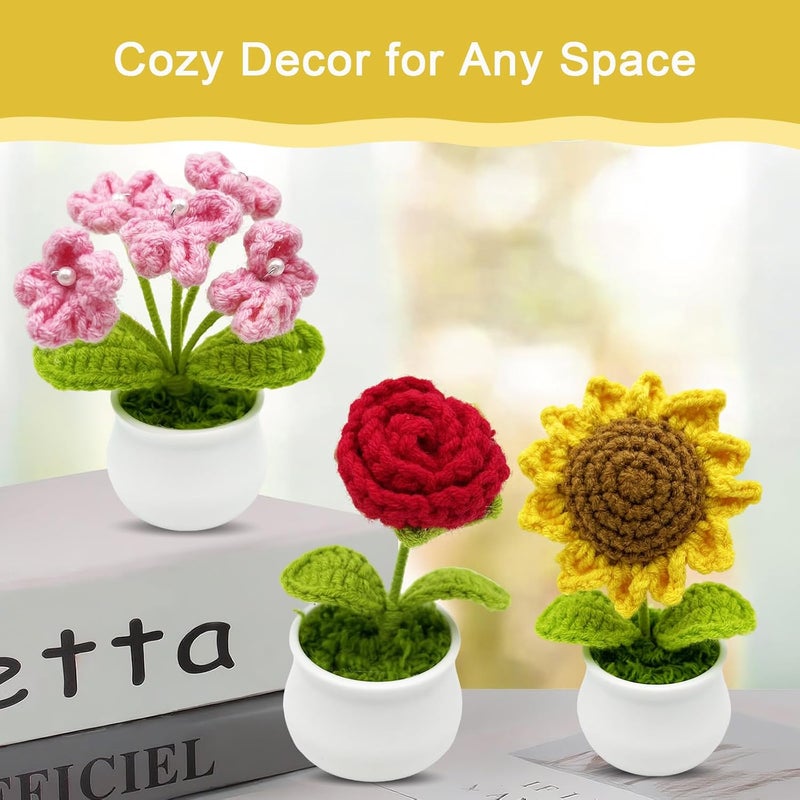 Jusen 3pcs Crochet Flowers Cute Potted Flower,Mini Flower Bouquet for Mom Wife, Cute Desk Decor for Women,Artificial Handmade Flowers for Car Dashboard,Home Office Decoration (Color#4) - Image 4