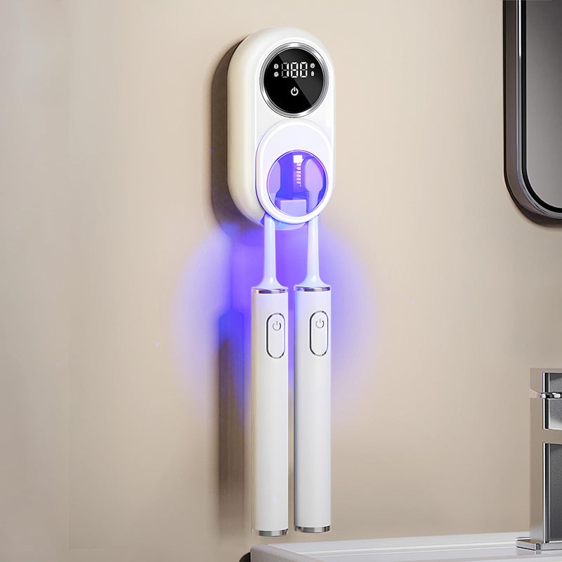 Wekity Wall Mounted Toothbrush Holder, Toothbrush Covers with 2 Toothbrush Slots, Portable Cleaning Box for Electric and Manual Toothbrushes, Inductance Cleaner Case Without Drilling (White) - Image 1