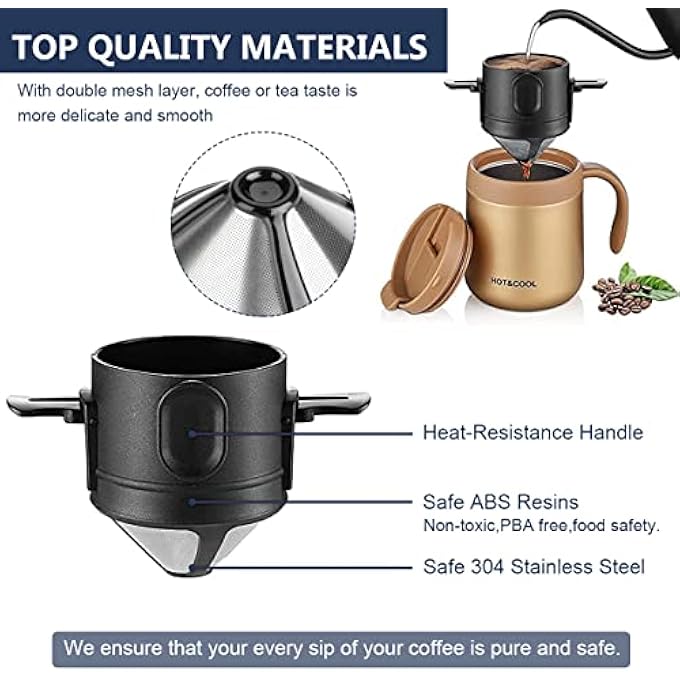 ELEPHANTBOAT Filter Coffee Maker With Bottom Cup Double Mesh Pour Over Coffee Filter Food Grade Stainless Steel  Plastic Dripper 100 Paperless Foldable To Fit Most Cup Keep Flavour Easy Use  Clean - Image 4