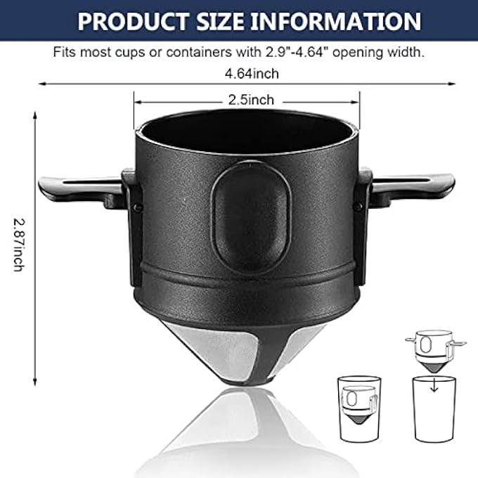 ELEPHANTBOAT Filter Coffee Maker With Bottom Cup Double Mesh Pour Over Coffee Filter Food Grade Stainless Steel  Plastic Dripper 100 Paperless Foldable To Fit Most Cup Keep Flavour Easy Use  Clean - Image 3
