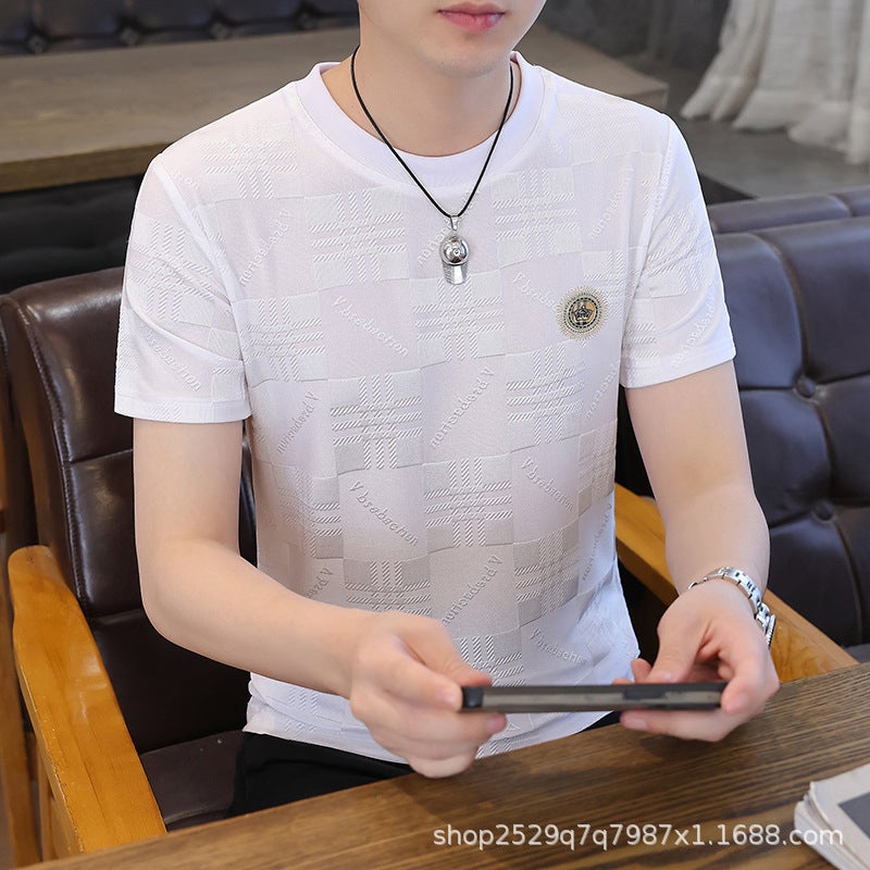 [Real Ice Silk Fabric] Summer Thin All-match Men's T-shirt Short-sleeved Jacquard Round Neck High-end T-shirt - Image 1