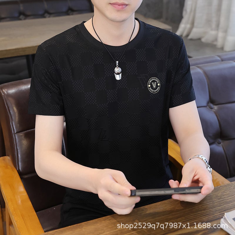 [Real Ice Silk Fabric] Summer Thin All-match Men's T-shirt Short-sleeved Jacquard Round Neck High-end T-shirt - Image 5