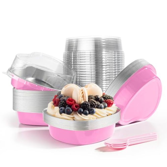 STN Mini Heart Shaped Cake Pans 9oz Aluminum Foil Cupcake Pans Disposable Heart Shaped Cake Pans with Lids Spoon for Valentine Mother's Day Birthday Wedding 25pcs (Pink)