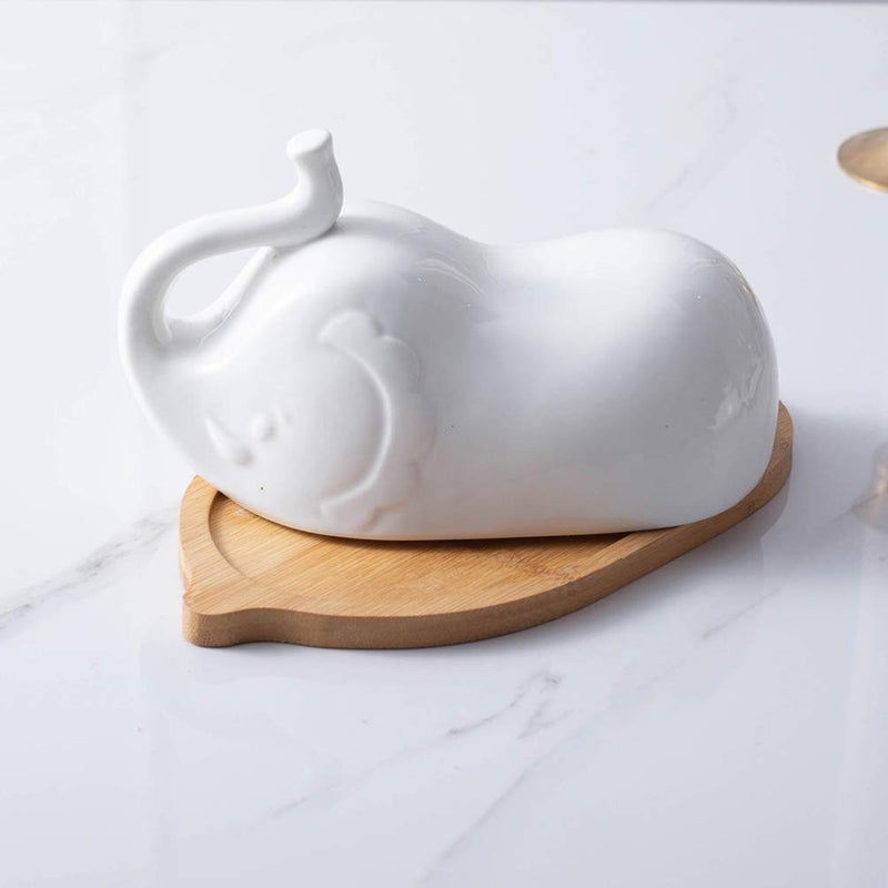 DOITOOL Ceramic Butter Dish with Tray, butter box Elephant Shape Butter Container Porcelain Butter Keeper Butter Holder, Dishwasher large butter dish Safe fruite plate  - Image 4