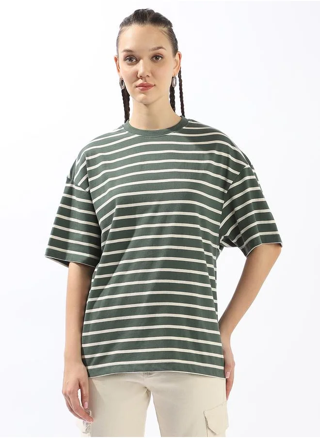 HIGH STAR Women's Multicolour 100% Cotton Striped Oversized T-Shirt