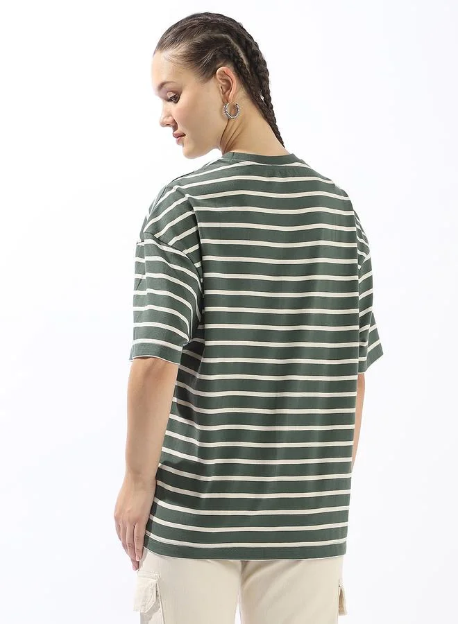 HIGH STAR Women's Multicolour 100% Cotton Striped Oversized T-Shirt
