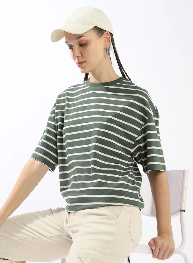 HIGH STAR Women's Multicolour 100% Cotton Striped Oversized T-Shirt