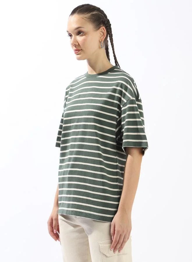 HIGH STAR Women's Multicolour 100% Cotton Striped Oversized T-Shirt