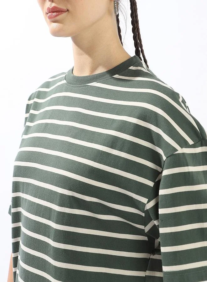 HIGH STAR Women's Multicolour 100% Cotton Striped Oversized T-Shirt