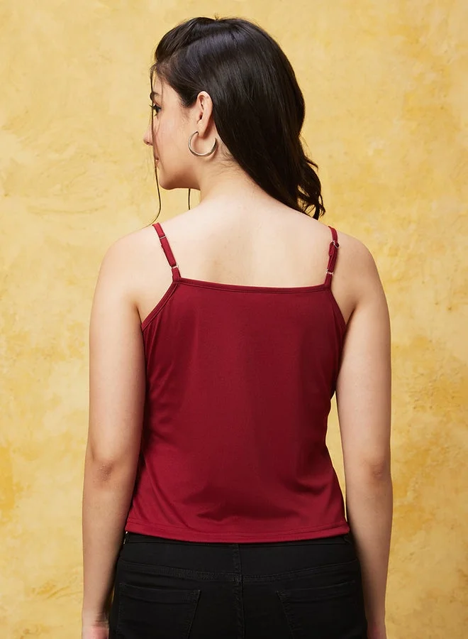 globus Globus Solid Satin Wrap V-Nceck Ruffled Sleeves Top